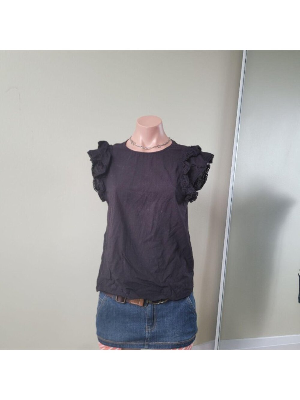 My Jewellery Black Cotton Frill Trim Summer Blouse Tank Top (S)